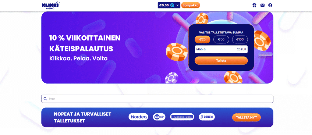 Klikki kasino - etusivu kuva 10% viikottainen käteispalautus