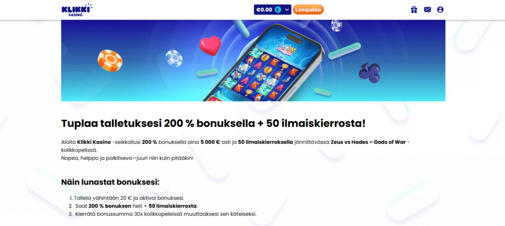 Klikki kasino - tuplaa talletuksesi 200% bonuksella + 50 ilmaiskierrosta